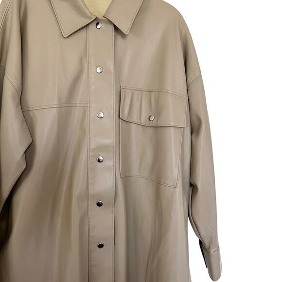 Zara Tan Faux Leather Button Front Collared Shacket Shirt Jacket Size XL - Picture 3 of 10